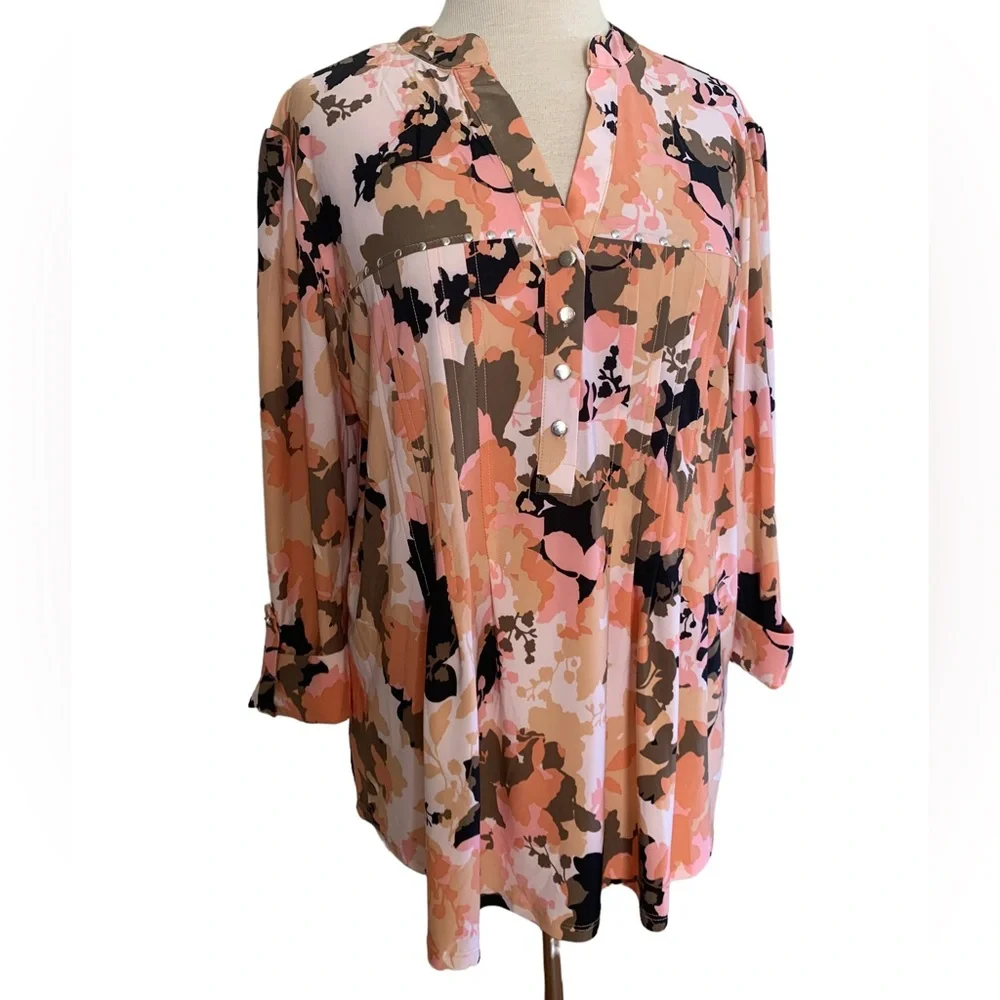 COCOMO 3X Beige Pink Studded 3/4 sleeve Plus Size women’s Pintuck Blouse t…_4